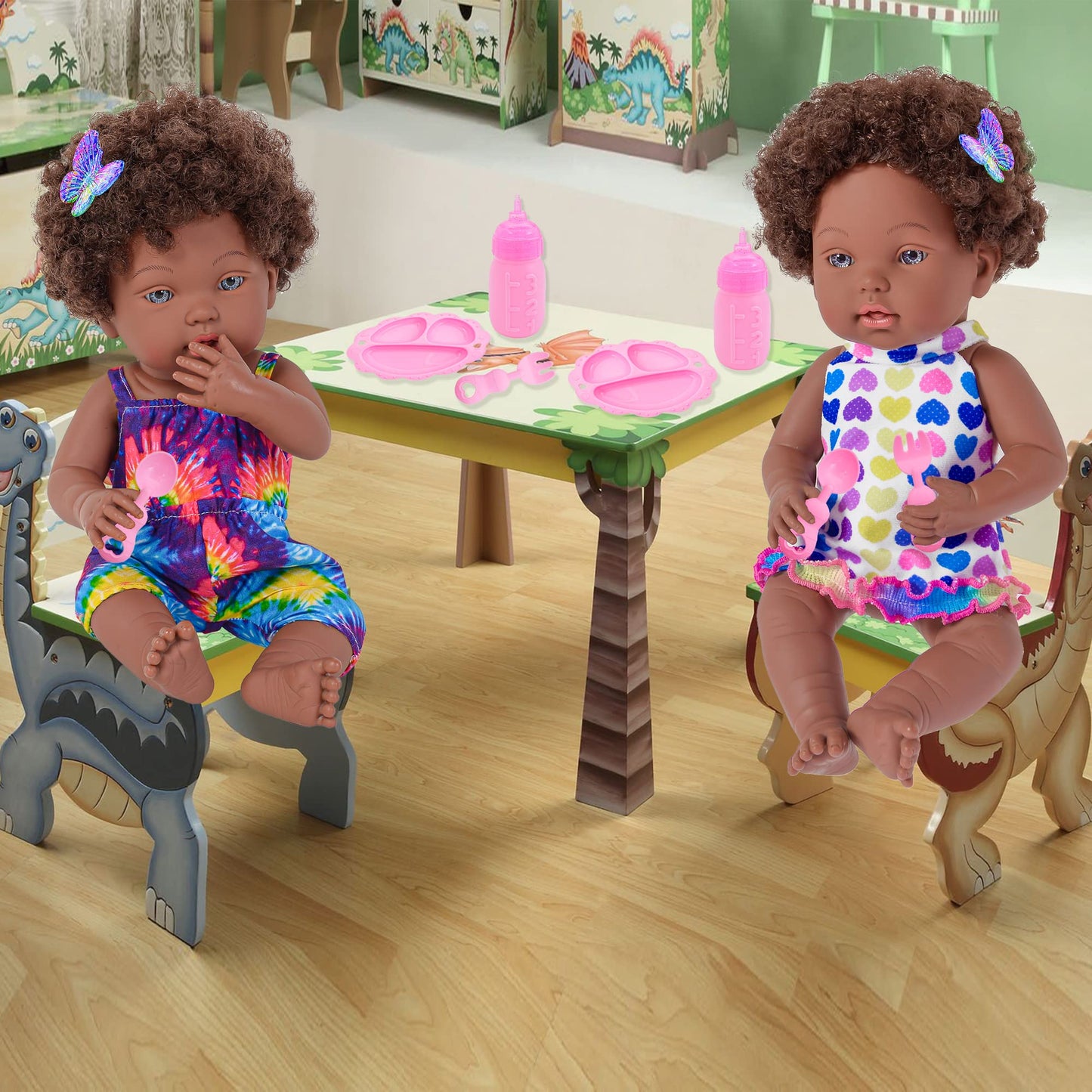 Dollbie 14 Inch Reborn Baby Dolls Black African American Baby Doll With Hair Doll & Accessories (1 Doll+2 Sets Clothes+7 Pcs Acc