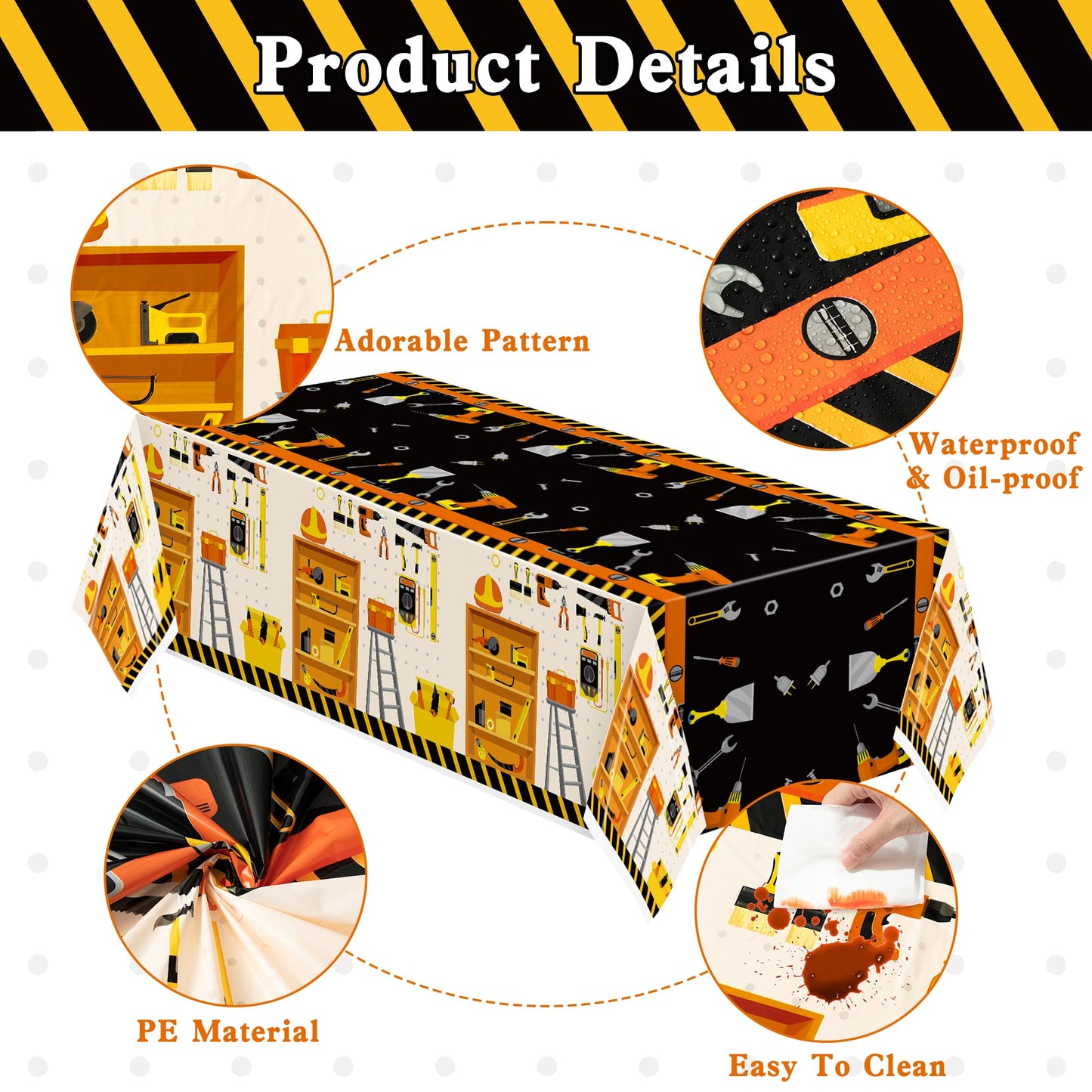 BkeeCten 6 Packs Tool Theme Plastic Tablecloths Decoration Waterproof Rectangle Cute Tool TableCover Design with Hard Hat, Nuts,