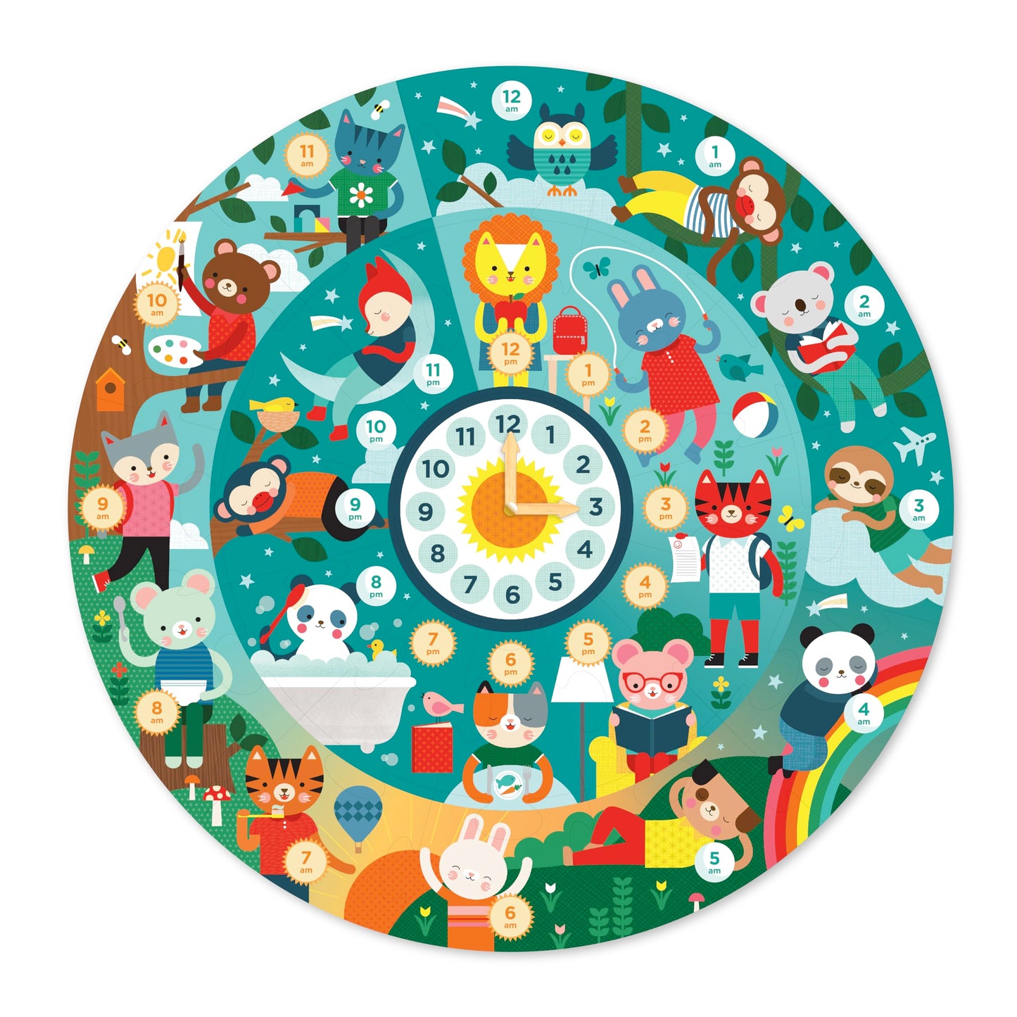 Petit Collage Floor Puzzle, Telling The Time, 24-Pieces - Large Puzzle For Kids, Wooden Clock Hands Can Be Moved To Show The Tim