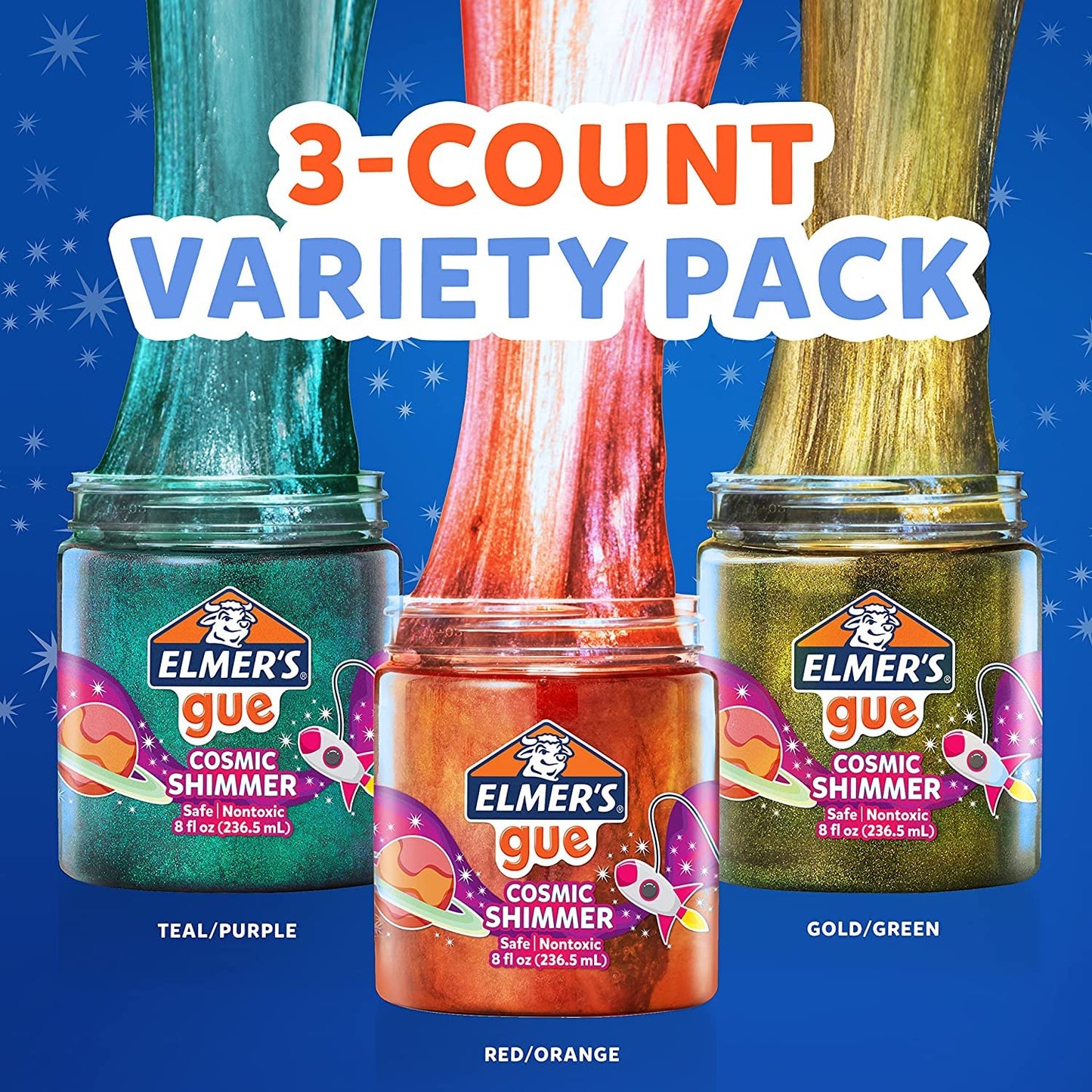 Elmer's Premade Cosmic Shimmer Glitter Slime Variety Pack, 3 Count - Ideal for Creative Play and Crafts