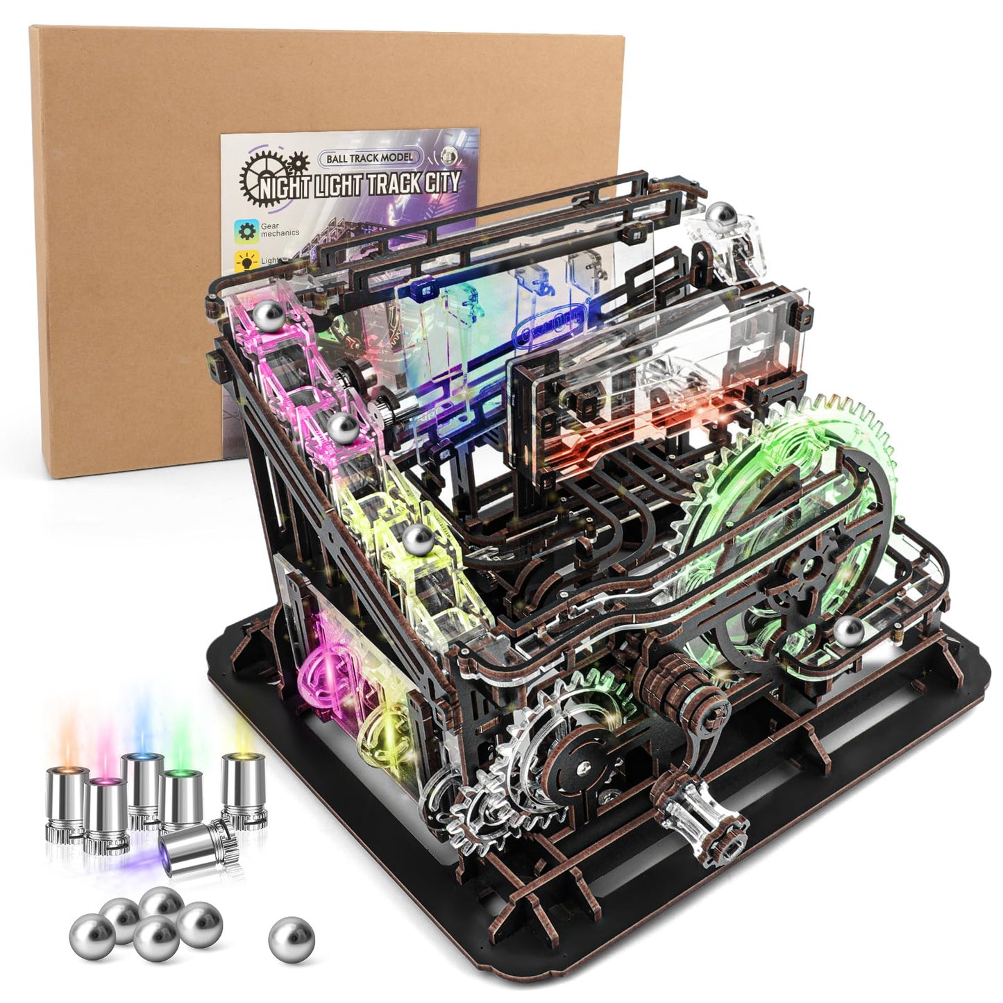 OWNONE 1 3D Wooden Puzzle Marble Run with LED Lights  Wooden Model Building Kits for mature-themeds  Wood Mechanical Puzzle Building Set  Office Desk Decor Gift for Men mature-themeds (312 PCS)