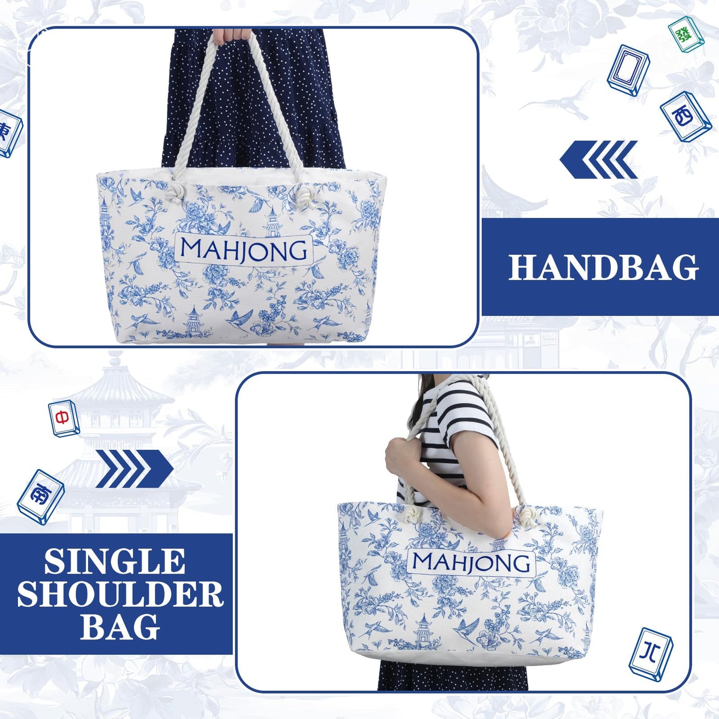 Sunnymove Mahjong Tote Bag - Canvas, 24"x13"x4.7", Blue Chinoiserie Design, Perfect for Game Lovers and Daily Storage
