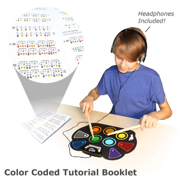 Mukikim Rock And Roll It - Codedrum. Roll Up Portable Drum Set For Kids & Adults. Electronic Silicone Rainbow Drum Pad | Headphones | Pedals | Drum Sticks | Play-By-Color Rhythm Booklet Included