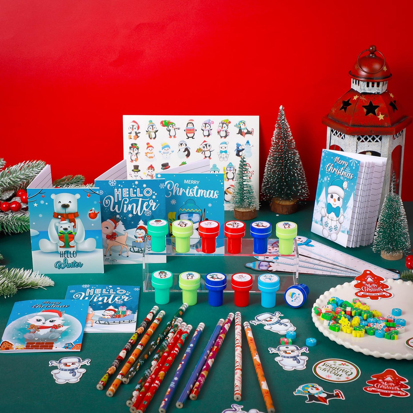 Zhanmai 350 Pcs Winter Christmas Party Favors Winter Holiday Stationery Set for Stocking Stuffers 30 Pack with Notebook Pencils