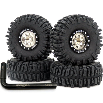 HOBBYSOUL RC 64 * 25mm 1.0 Mud Slingers Tires Soft Sticky Tyres & Heavy 1.0 beadlock Wheels Adjustable Offset Rims for RC Rock C