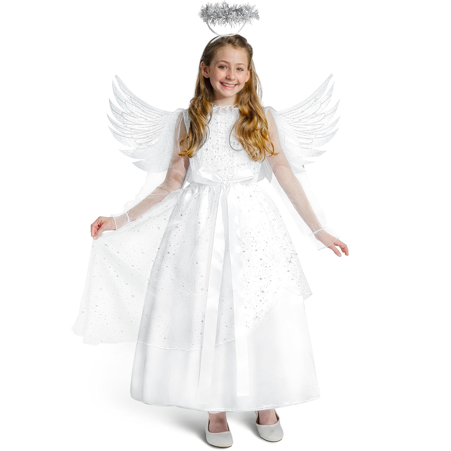 Spooktacular Creations Halloween Angel Costume Girls, Kids Princess Dress Toddlers Tulle Angel Set With Accessories For Halloween Role Play Parties, White, X-Large(12-14 Yrs)