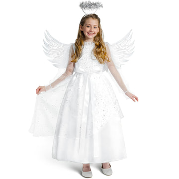 Spooktacular Creations Halloween Angel Costume Girls, Kids Princess Dress Toddlers Tulle Angel Set With Accessories For Halloween Role Play Parties, White, Small(5-7 Yrs)