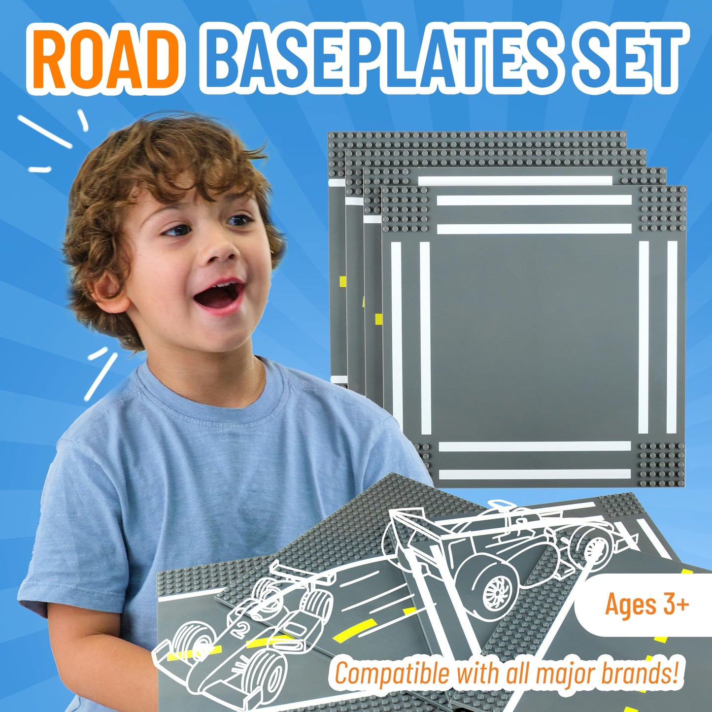 Strictly Briks Compatible With Lego Building Blocks Road Plates 10' X 10', 4 Pack Brick Baseplates For City Road, Street, Race Track, Classic Size (2 Straight + 1 Curved + 1 Intersection)