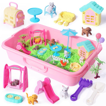 Billeeit Pet Sensory Bin Sand Toy with 2.2lbs Green Magic Sand, Dog & Cat Play Sand Kit for Boys and Girls Including 28pcs Acces