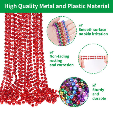 YAXINRUI 33 Inch 7 mm Metallic Red Bead Necklaces, 15pcs Mardi Gras Beads Bulk Round Beaded Necklaces Costume Necklace for Mardi