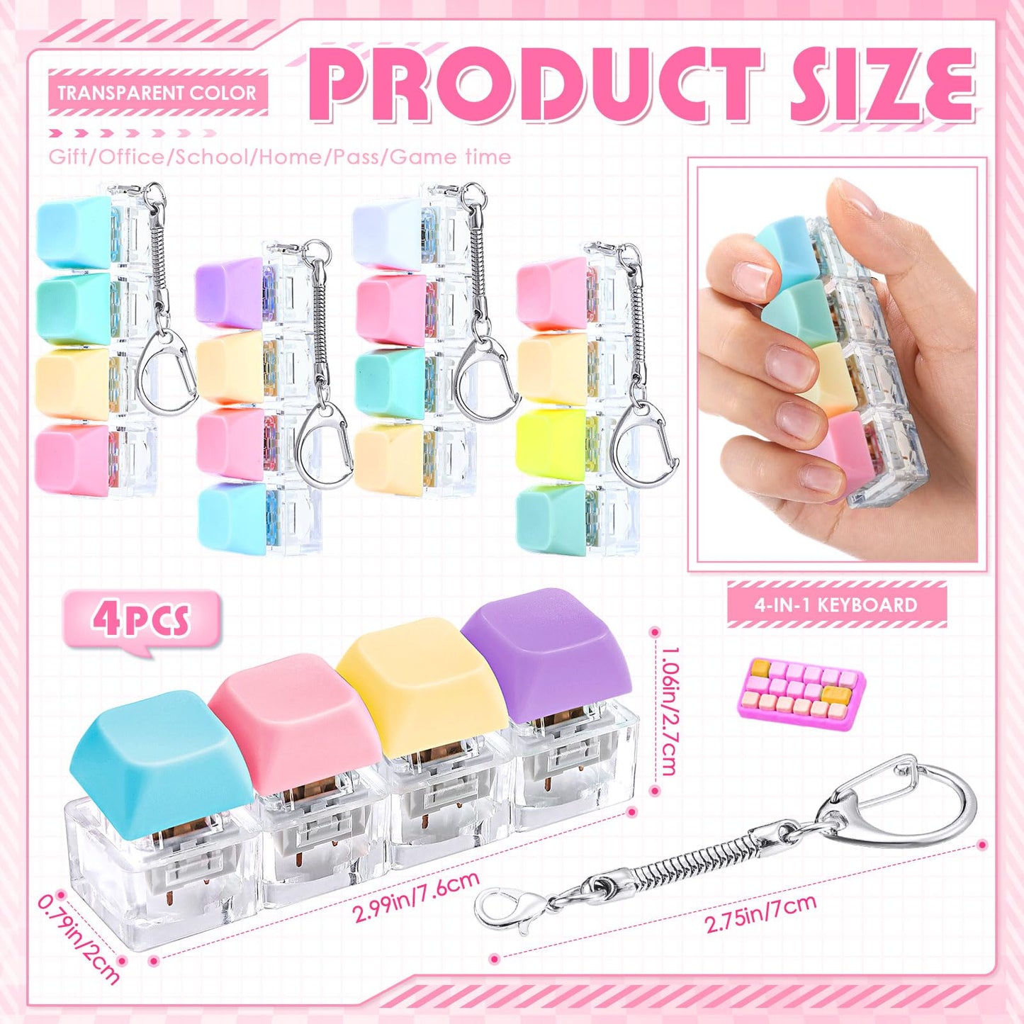 Halloscume 4 Pcs Keyboard mature-themed Fidget Toy Clicker Toy 4-in-1 Keyboard Fidget Keychain Cube Mechanical Key Button Clicker Stress Relief Gift for Office School Home to Pass The Time (Pastel Colors)