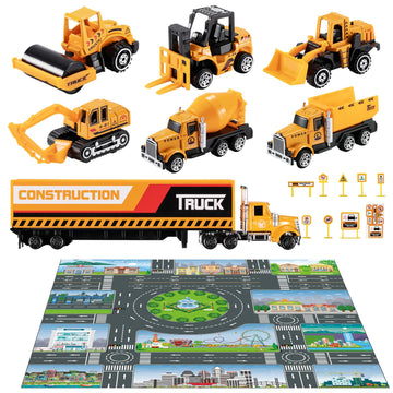 Temi Diecast Engineering Construction Vehicle Toy Set W/Play Mat,Truck Carrier, Forklift, Bulldozer, Excavator,Dump Truck, Alloy Metal Car Toys Set For 3 4 5 6 Years Old Toddlers Kids Boys & Girls