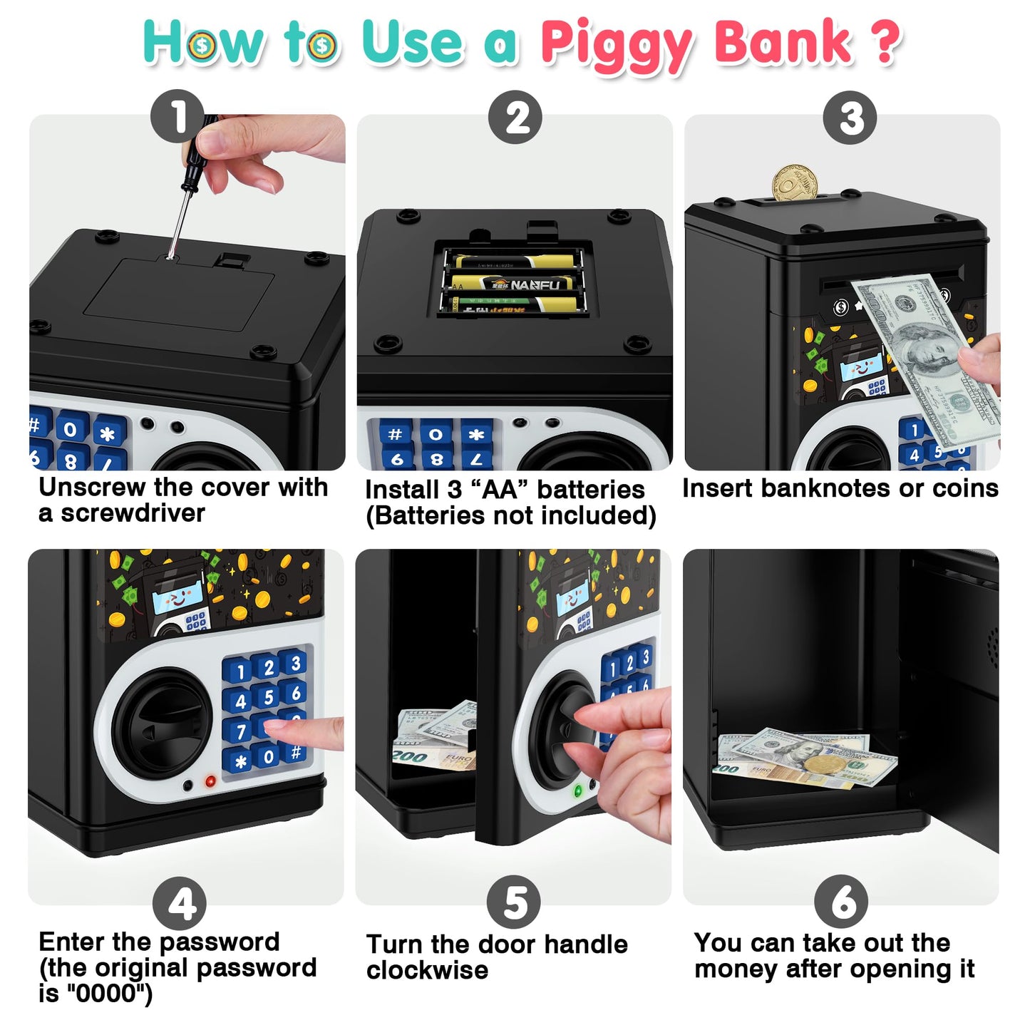 Black Piggy Bank For Kids, Cash Coin Can Atm Bank Electronic Coin Money Bank For Kids-Hot Gift, Great B-Day Xmas Toy Gifts For K