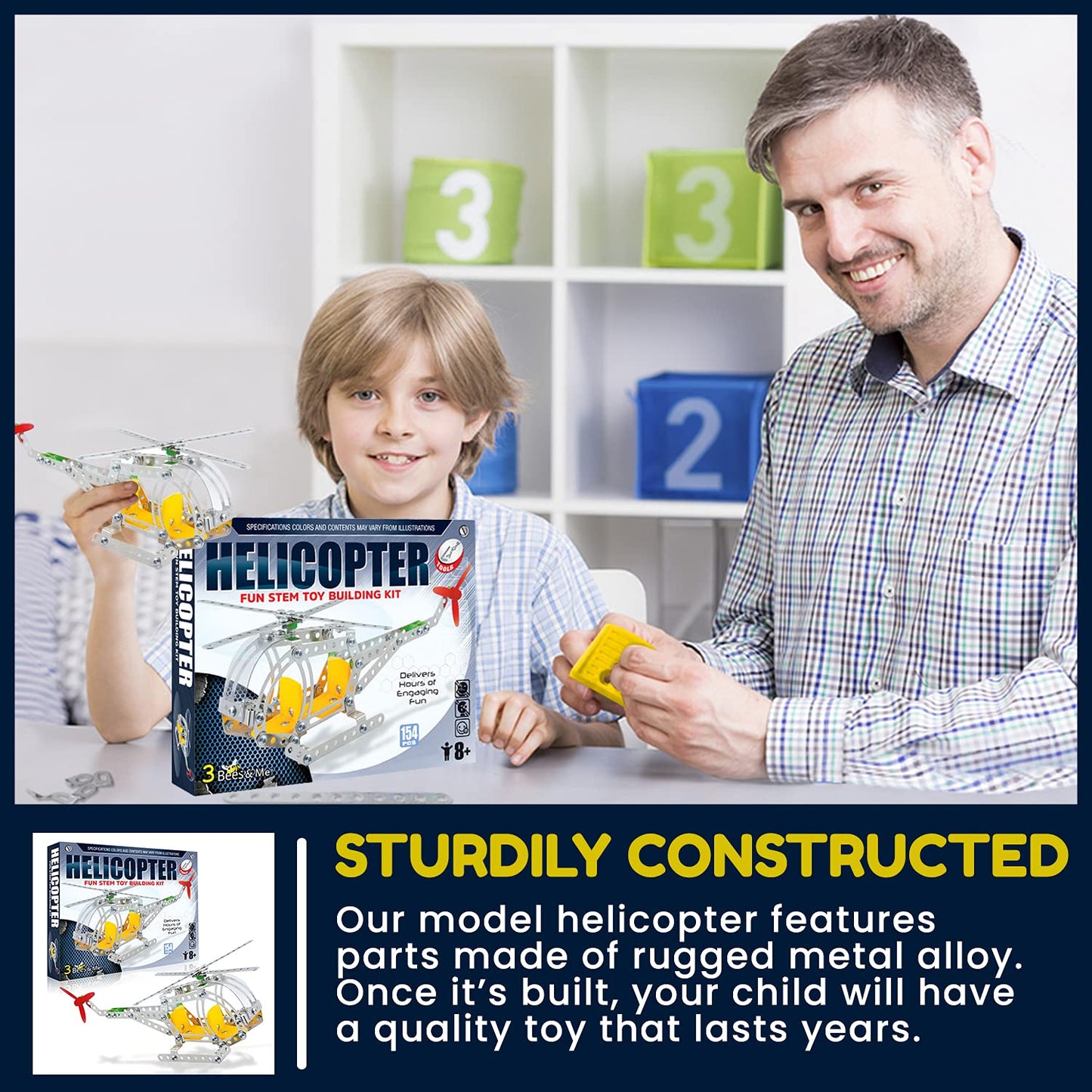 3 Bees & Me Metal Helicopter Erector Set | STEM Building Kit for Ages 8+ | Educational Gift | Multicolor