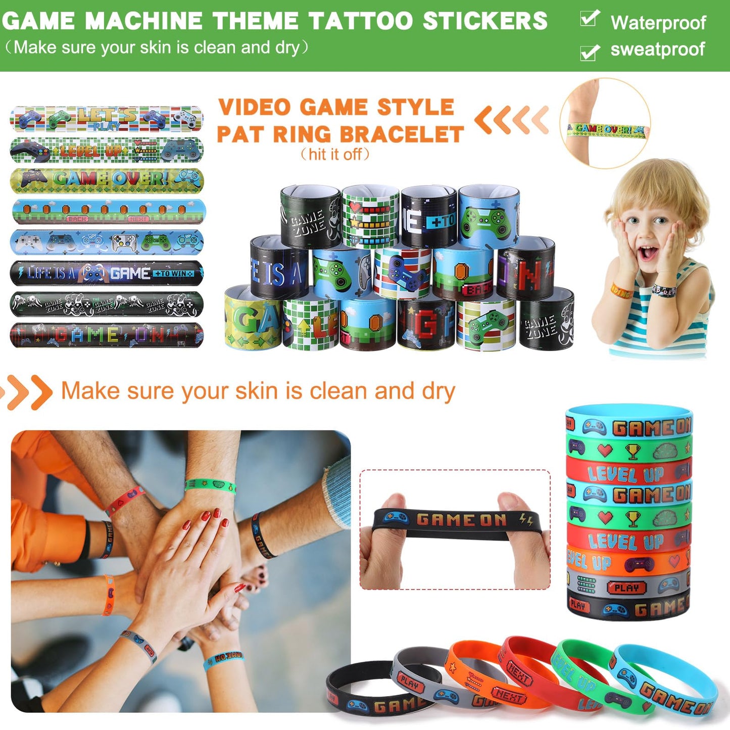 HyDren 147 Pcs Video Game Party Favors Includes Video Game Goodie Treat Boxes Punch Balloons Silicone Bracelets Keychains Badges