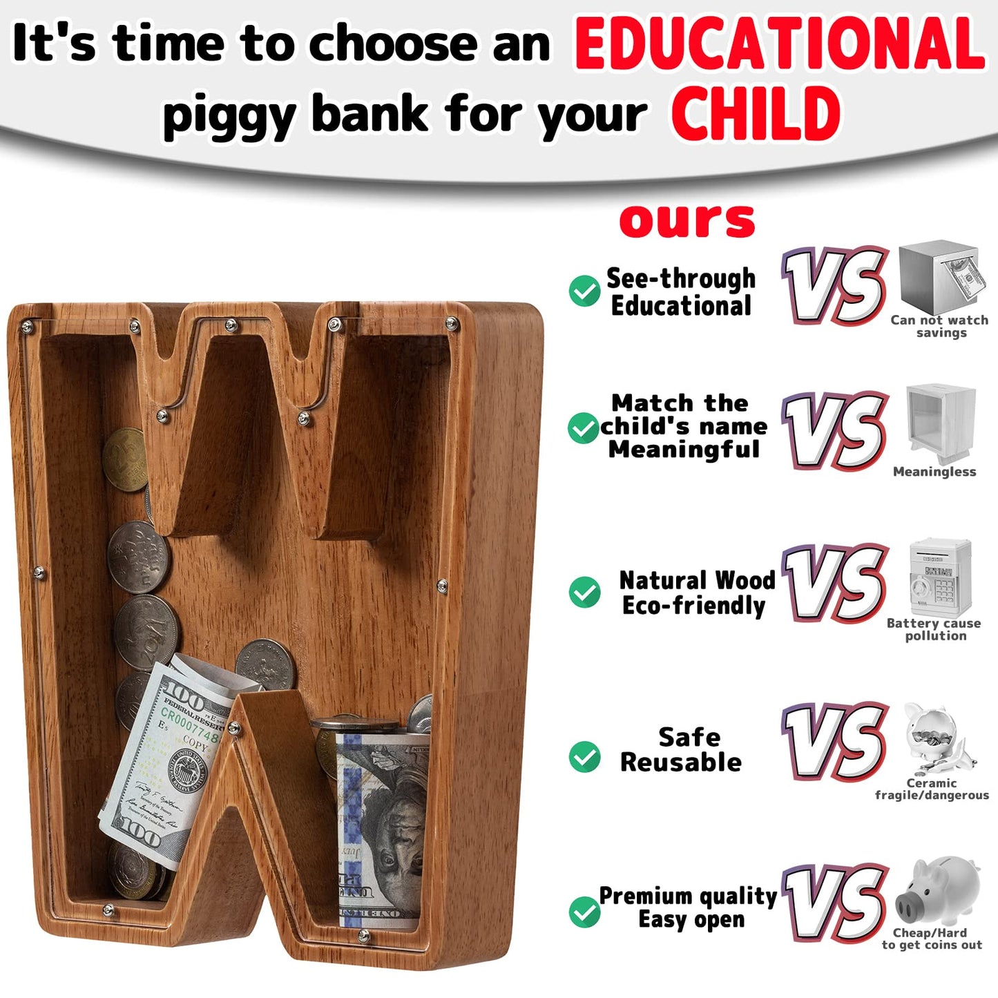 Piggy Bank for Kids Boys Girls, Wooden Large Letter Piggy Bank Alphabet Money Bank with Initial W, Coin Bank Fun Gifts for Birth