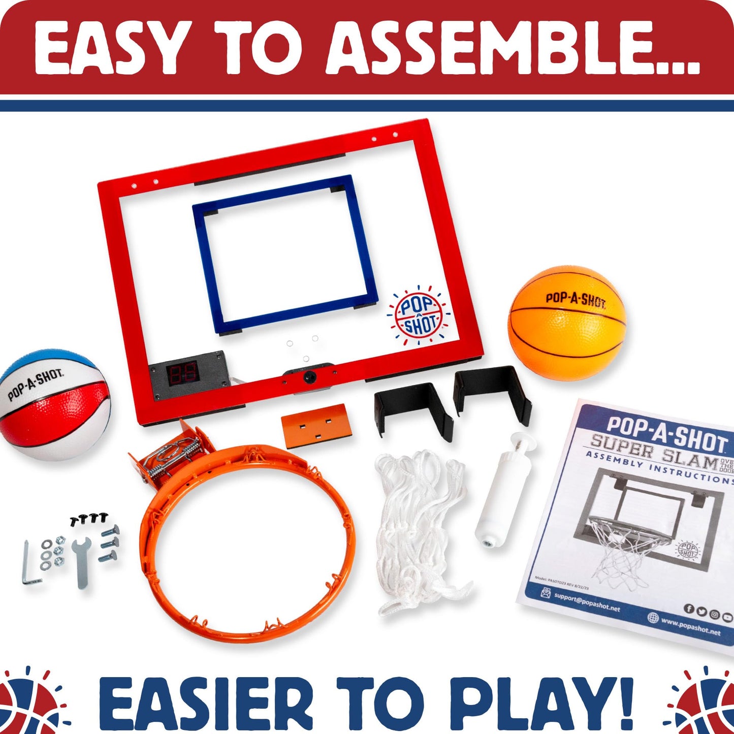 Pop-A-Shot Mini Basketball Hoop for Kids & Adults - Over The Door, 17x12.5 Inches, Plexiglass, Orange, Includes 2 Basketballs & Pump