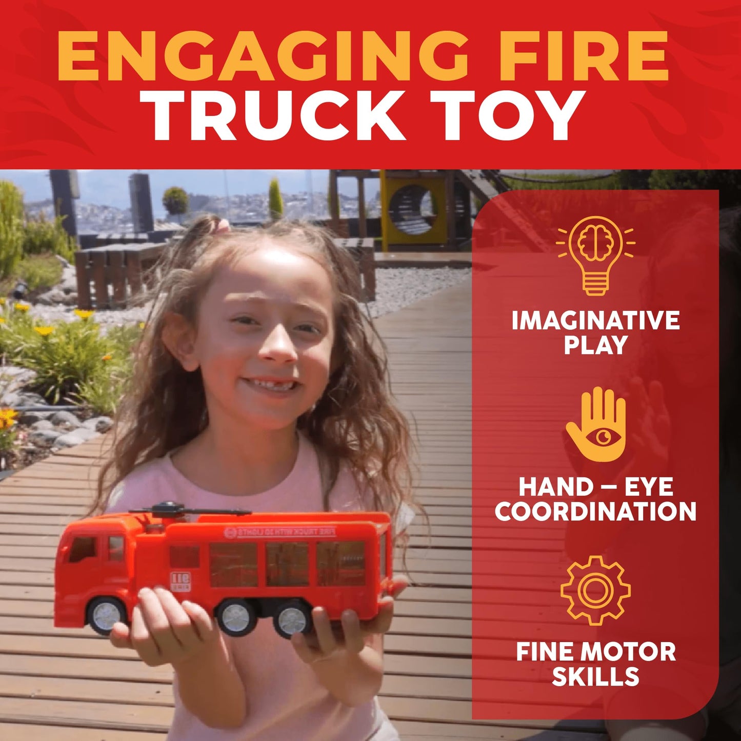WolVolk Electric Firetruck Toy - 3D Lights & Sirens - Red - Model: comfire - Ideal for Toddlers 3-5 Years Old