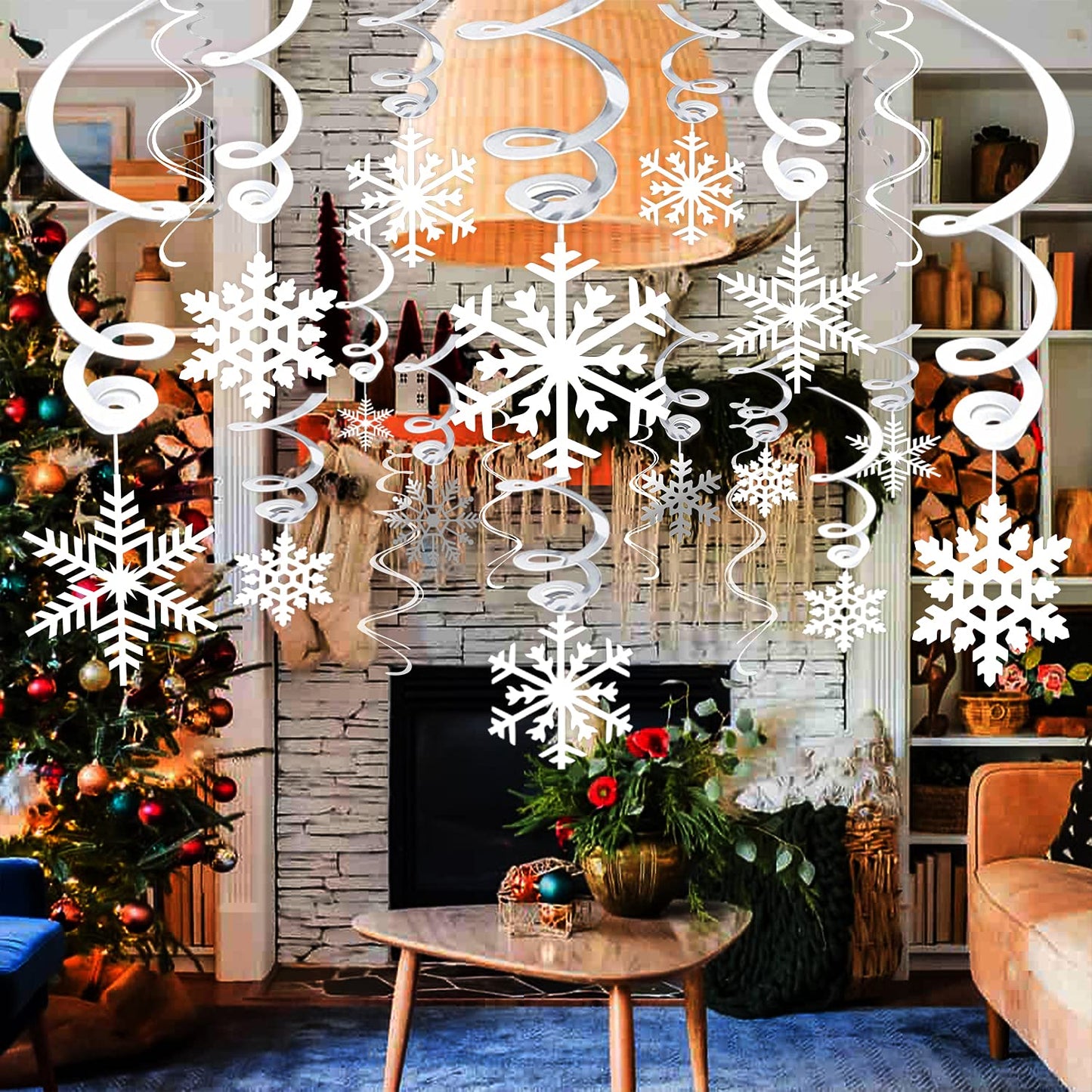 Zayvor 40Ct Christmas Snowflake Hanging Swirl Decorations,Christmas Hanging Ceiling Streamers Snowflake Hanging Swirls and Strin