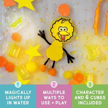 Glo Pals x Sesame Street Water-Activated Bath Toy with 6 Reusable Light-Up Cubes for Sensory Play (Big Bird, Cubes with Characte