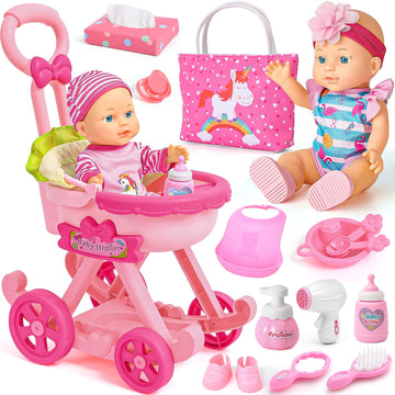 Golray Girl Baby Doll Stroller Toy Set With 12' Baby Doll & 17Pcs Baby Doll Accessories Handbag/Clothes/Sunshade/Feeding Nursery Pretend Play Toy Birthday Gift For Toddler Girls 3 4 5 6 7 Years Old