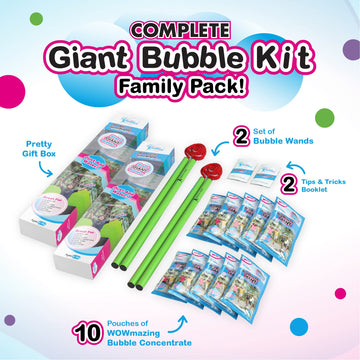 Wowmazing Giant Bubble Kit: Family Pack (14-Piece Set) Best Value - Big Bubbles Kit Including Big Bubble Wand And Giant Bubble Solution Concentrate. Makes 3 Gallon Of Large Bubbles-Family Kit