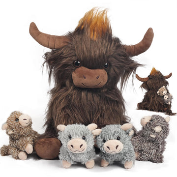 Xyhqyb Highland Cow Stuffed Animal, 5 In 1 Realistic Highland Cattle Plush Toy Scottish Highland Cow With 4 Cuddly Little Cattle