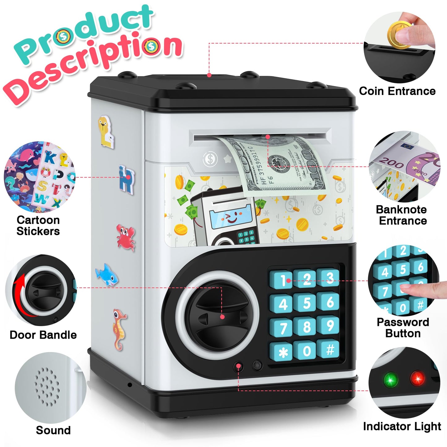 Gray Piggy Bank For Kids With Password Code Lock And Auto Grab Bill Slot, Philaeec Real Money Cash Coin Can Saving Box Electroni