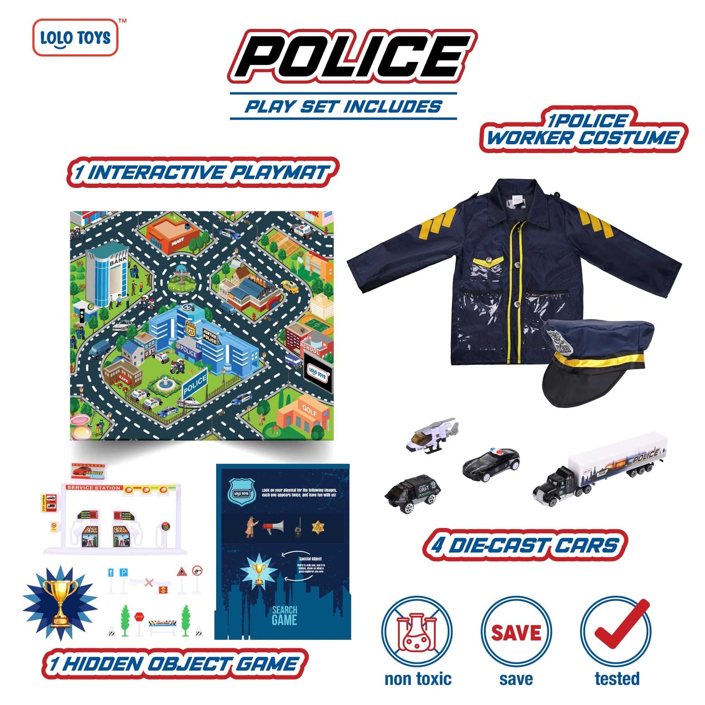 Lolo Toys Police Toys And Road Play Mat Set For Boys And Girls – 20 Piece Set With 4 Small Toy Police Car Metal Diecast Vehicles, Police Costume With Hat And Search Game- Kids Police Gear