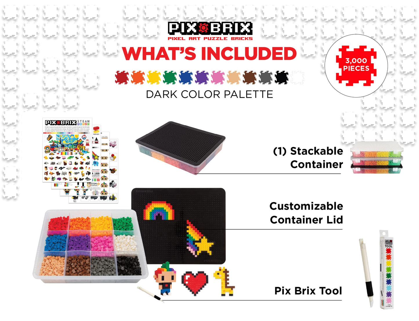 Pix Brix Pixel Art Puzzle Bricks - 3 000 Piece Pixel Art Container  12 Color Dark Palette - Interlocking Building Bricks  Create 2D and 3D Builds Without Water or Glue - Stem Toys  Ages 6 Plus