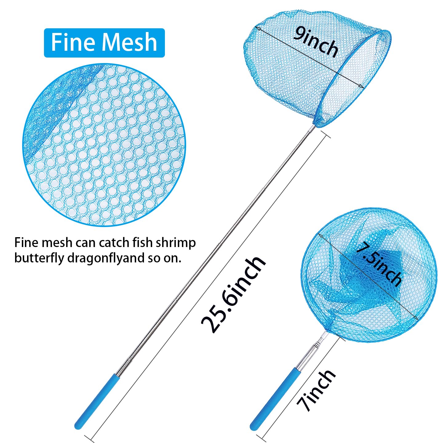 6 Pack Insect Catching Nets, Telescopic Stainless Steel Pole, Fishing Nets,Butterfly Nets, Nature Exploration Toys For Kids Outd