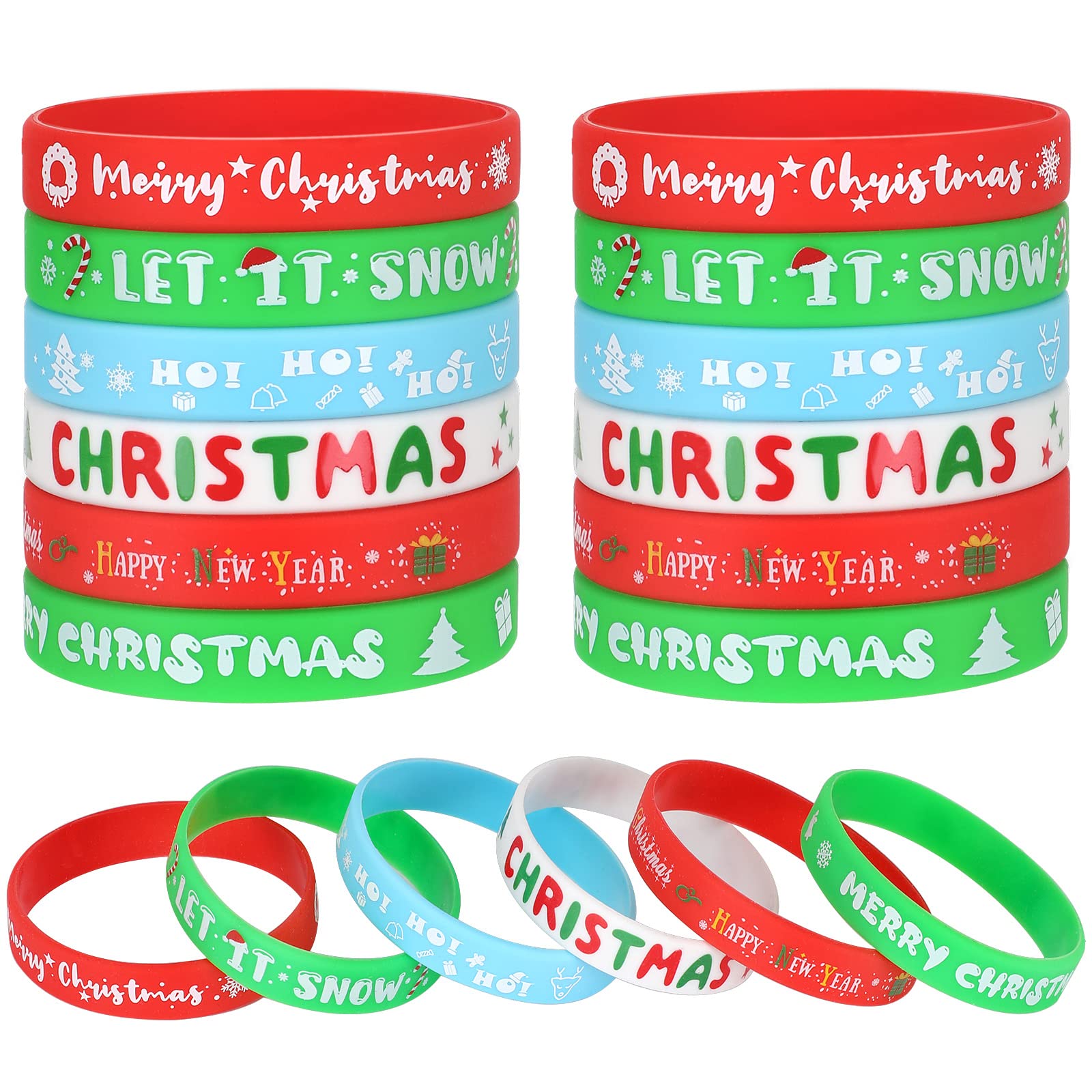 Junebrushs 42Pcs Christmas Silicone Bracelets, Rubber Wristbands Christmas Party Favors For Kids Decorations For Xmas Stocking Stuffers Wrist Band Accessories Gifts Supplies
