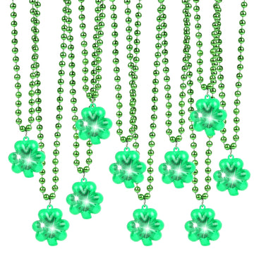 Ccinee 10Pack St.Patrick'S Day Light Up Shamrocks Necklaces Accessories Led Metallic Green Shamrock Bead Necklace For Irish St.