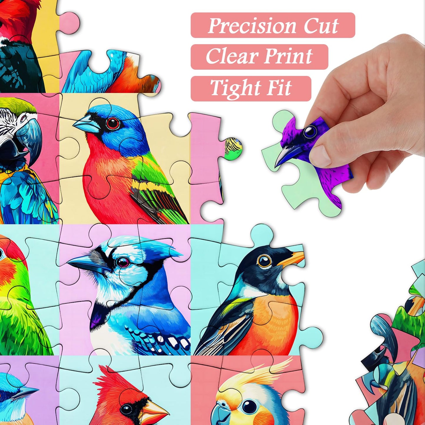 PICKFORU Birds Puzzles for Adults 1000 Pieces, Colorful Animals Jigsaw Puzzles Cardinal Blue Jay, Cute Parrot Puzzle as Wall Dec