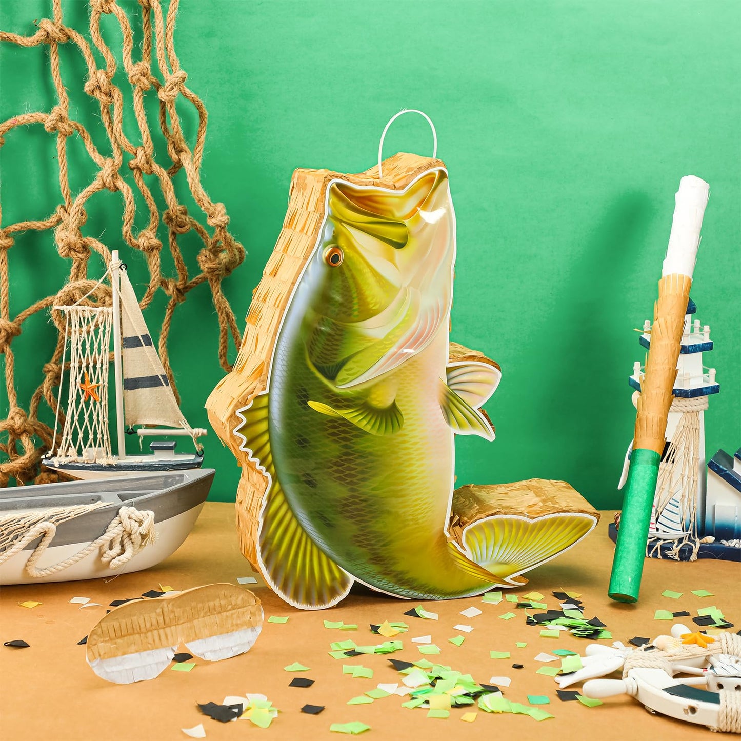 Glimin Fish Pinata Fishing Game - Ocean Theme Party Supplies with Stick, Bat, Blindfold, Confetti - Brown, Green, Blue