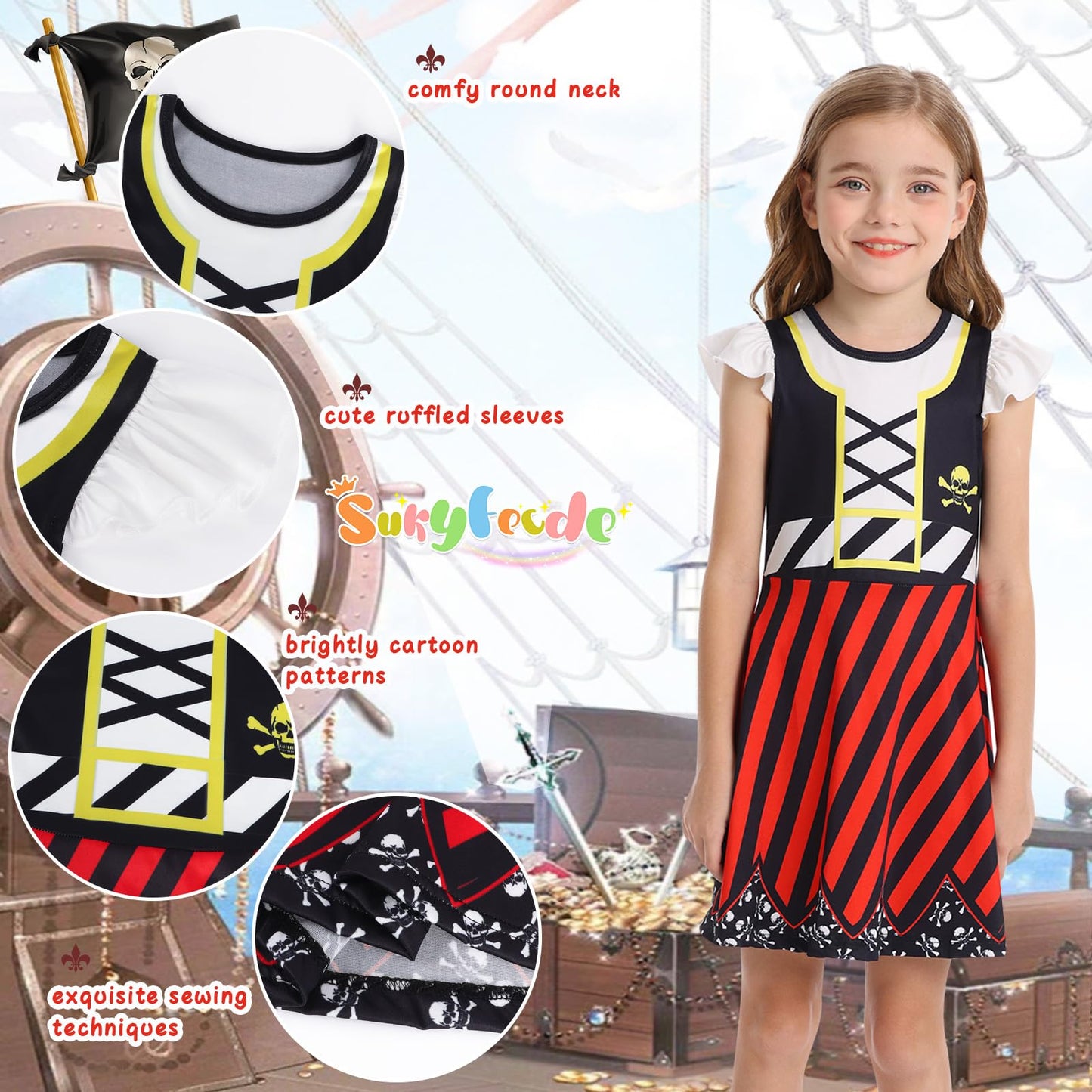 Sukyfecde Buccaneer Costume Girls Pirate Dress up Kids Birthday Party Dress Halloween Cosplay Outfits 4t Red