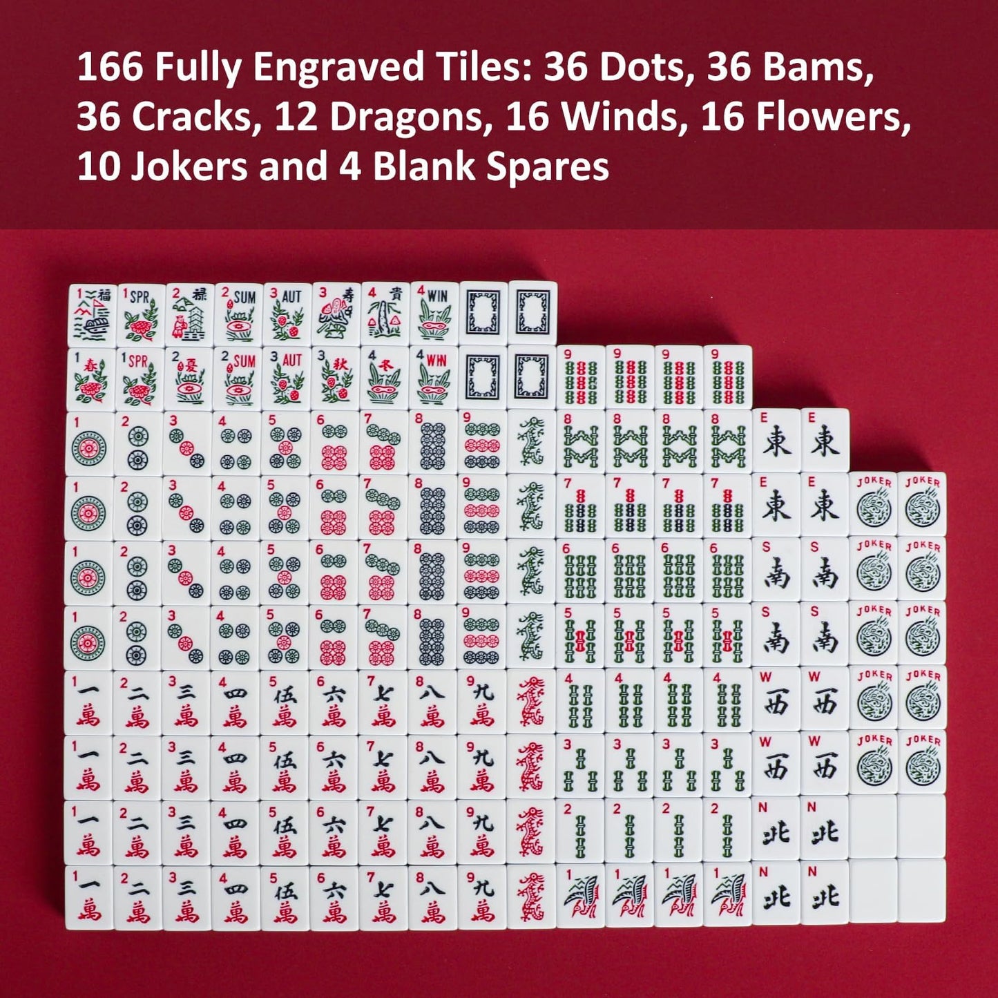 Jongyance American Mahjong Set - 166 White Tiles, Red Bag, 4 All-in-One Racks, Plastic, 5.1 x 21.2 x 10.6 inches
