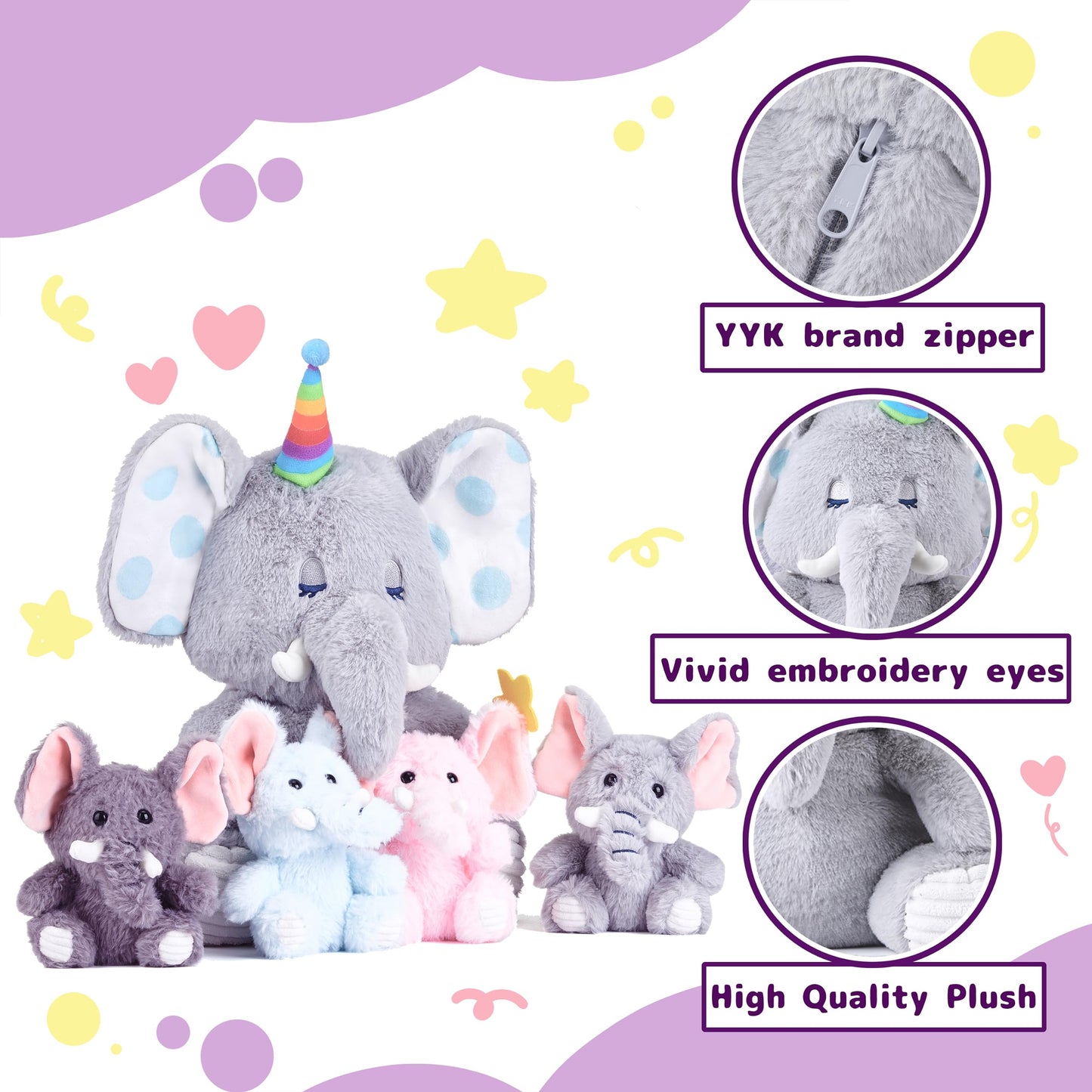 Earthsound Elephant Mom And Baby Stuffed Animal Mommy Plush Toy,16    Cute Small Mama Soft Toy With Little Babies,Family Set Gif