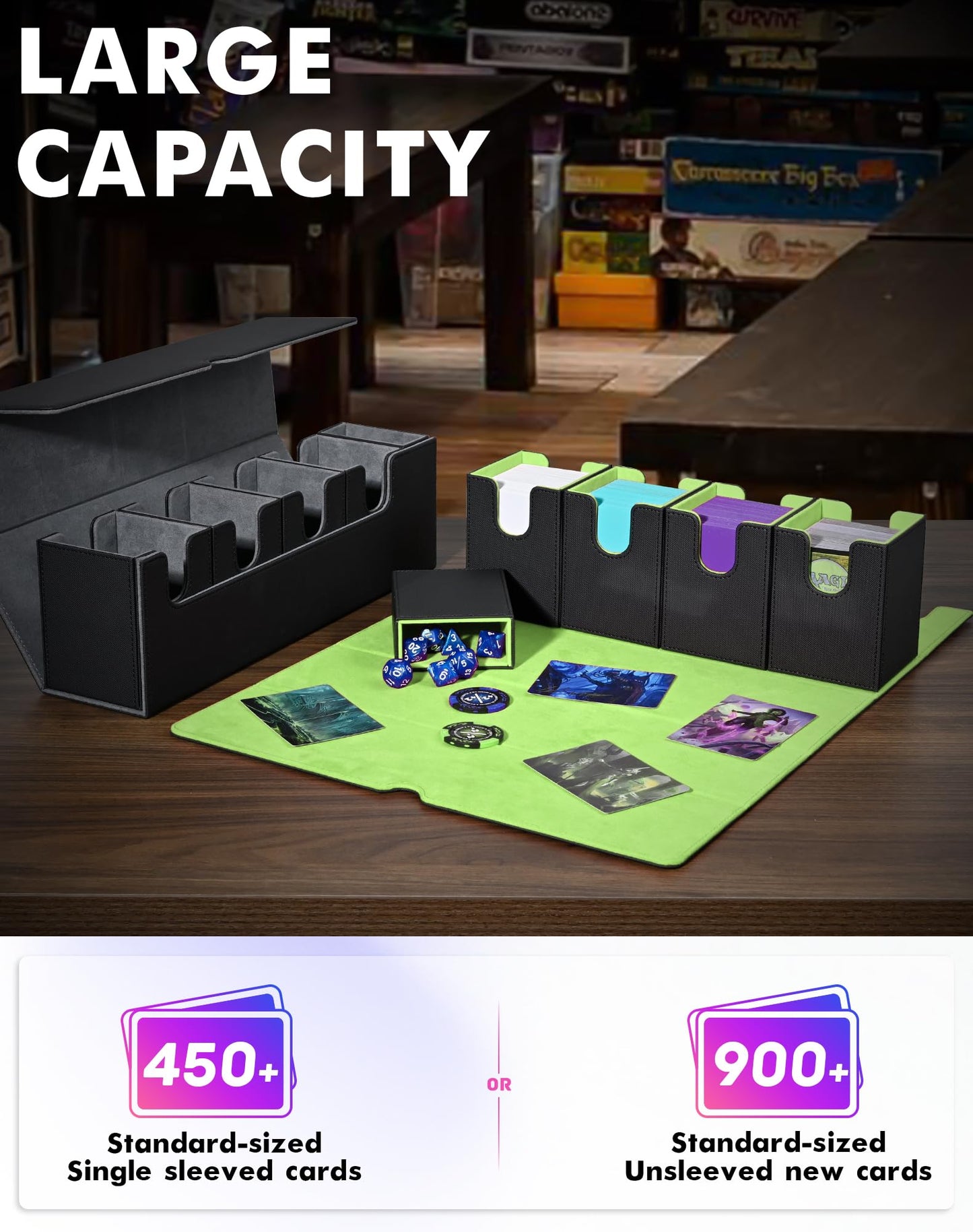 Uaono Card Deck Box With Dice Tray For Mtg, 5 In 1 Card Deck Case Holds 800+ Unsleeved Cards, Strong Magnet Card Organizer Compatible With Yugioh Tcg Sports Cards (Black Green)