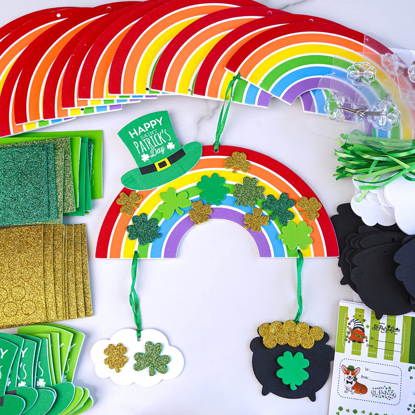 Winlyn 12 Sets St. Patricks Day Decorations Rainbow Ornaments DIY St. Pats Craft Kits Rainbow Four-Leaf Clover Irish Lucky Sha