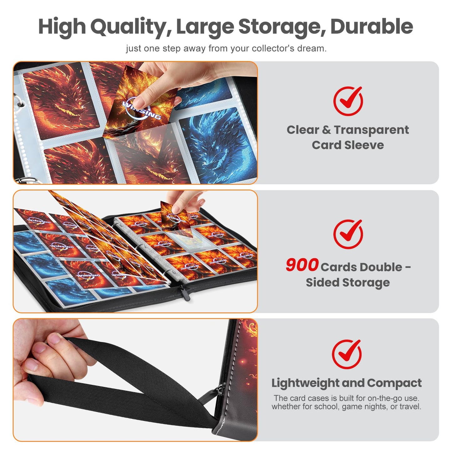 Winsing Card Binders 9 Pocket with 900 Pockets enhanced Zipper Case with 50 Removable Pages  Trading Folder Album Sleeves Holder Sheets for Game and Sports Cards Gifts for Boys and Girls  Yellow