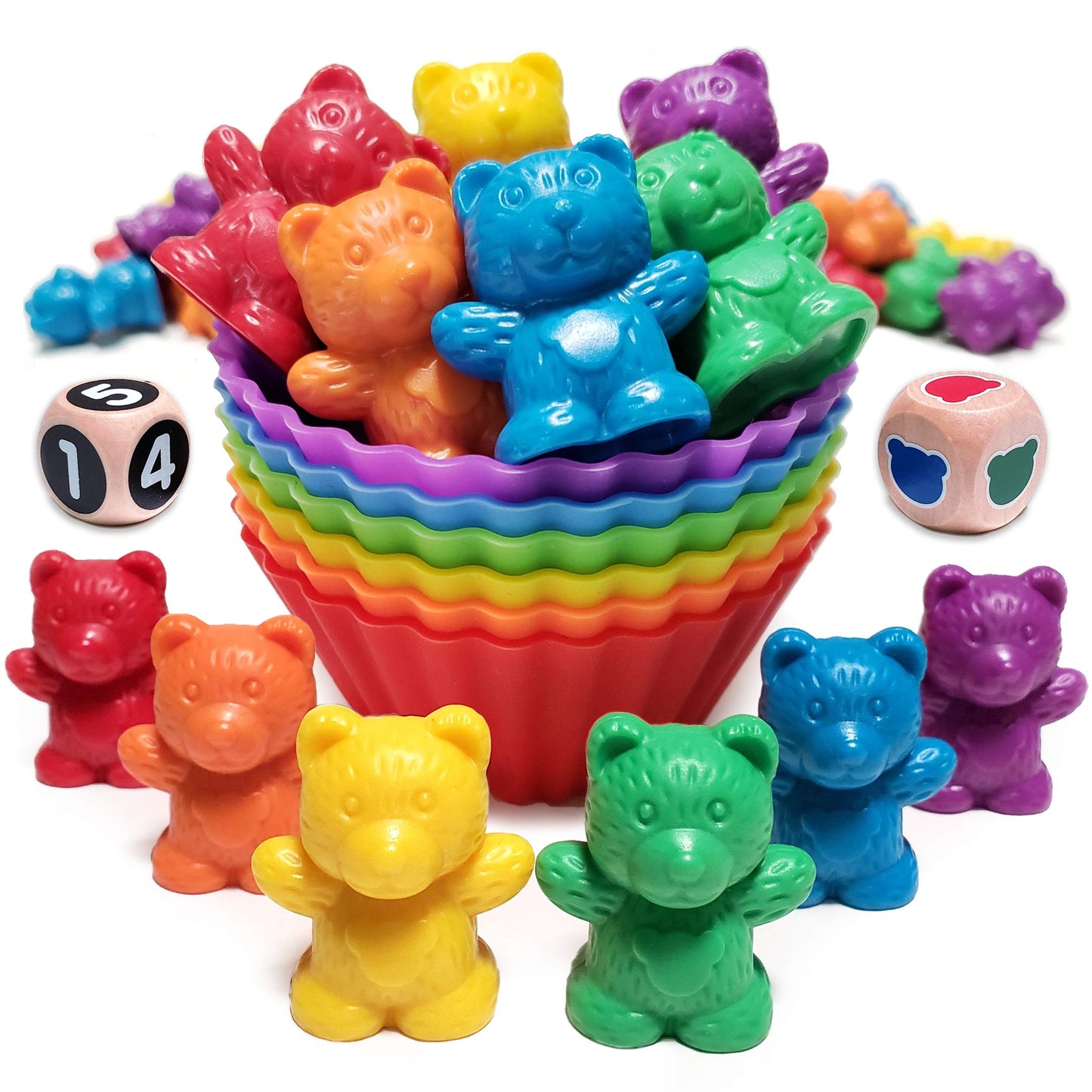 KIDS KORNER Jumbo Counting Bears Game - Montessori Learning Toy, 60 Bears, 6 Cups, 2 Dice, Red/Orange/Yellow/Green/Blue/Purple