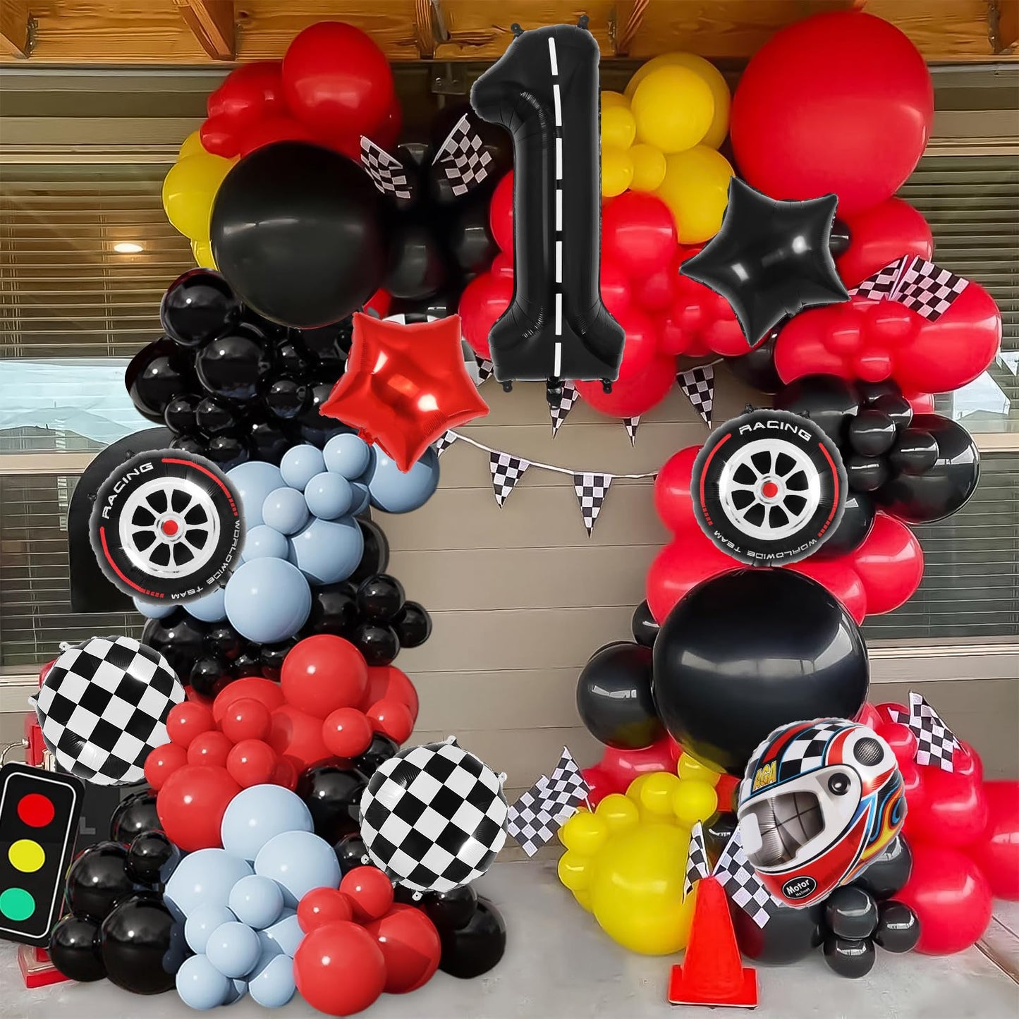 Race Car 1 Balloons, 40 Inch Racetrack Number 1 Balloon, Large Foil Mylar Racetrack Black 1 Balloon For 1St First Birthday Race