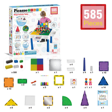 Picassotiles 585Pc Kids Activity Table With Magnetic Tiles And Bricks Stem Pretend Play Learning With Reversible Brick Whiteboar