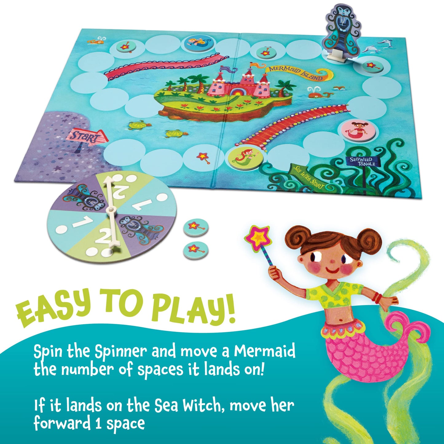 Peaceable Kingdom Mermaid Island Cooperative Board Game for 2-6 Kids Ages 5+, Limited Edition, Colorful Play for Family Fun