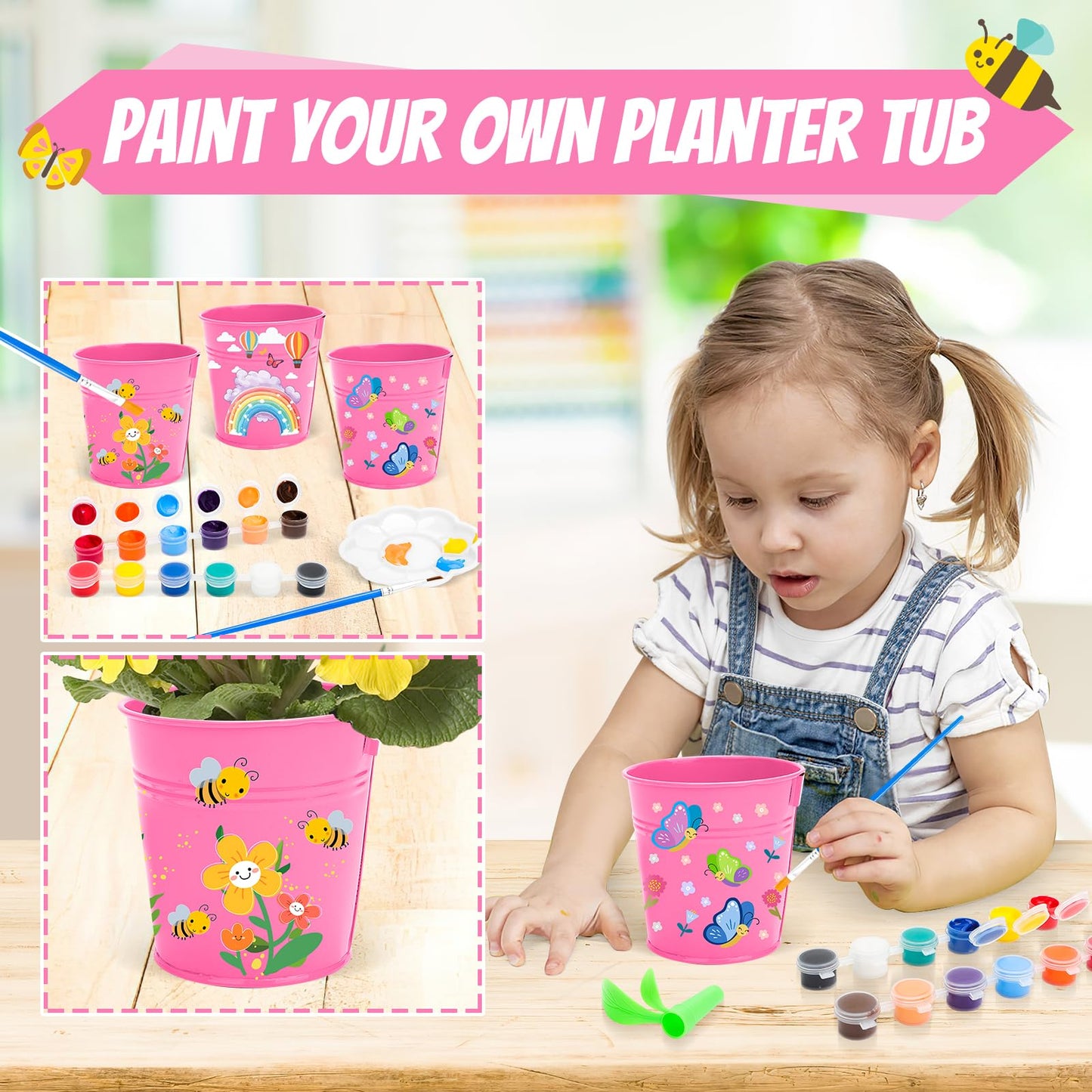 deAO Kids Gardening Set Arts and Crafts for Kids Paint Garden Tools DIY Flower Building Toys with Shovel, Trowel, Rake, Water Ca