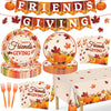 REDWORD Friendsgiving Plates, 98Pcs Friendsgiving Paper Plates-Serve 24 with Friends Giving Banner Fall Pumpkin Tablecloth Napki