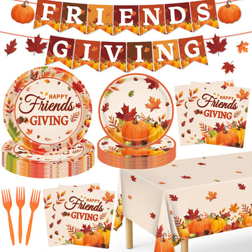 REDWORD Friendsgiving Plates, 98Pcs Friendsgiving Paper Plates-Serve 24 with Friends Giving Banner Fall Pumpkin Tablecloth Napki