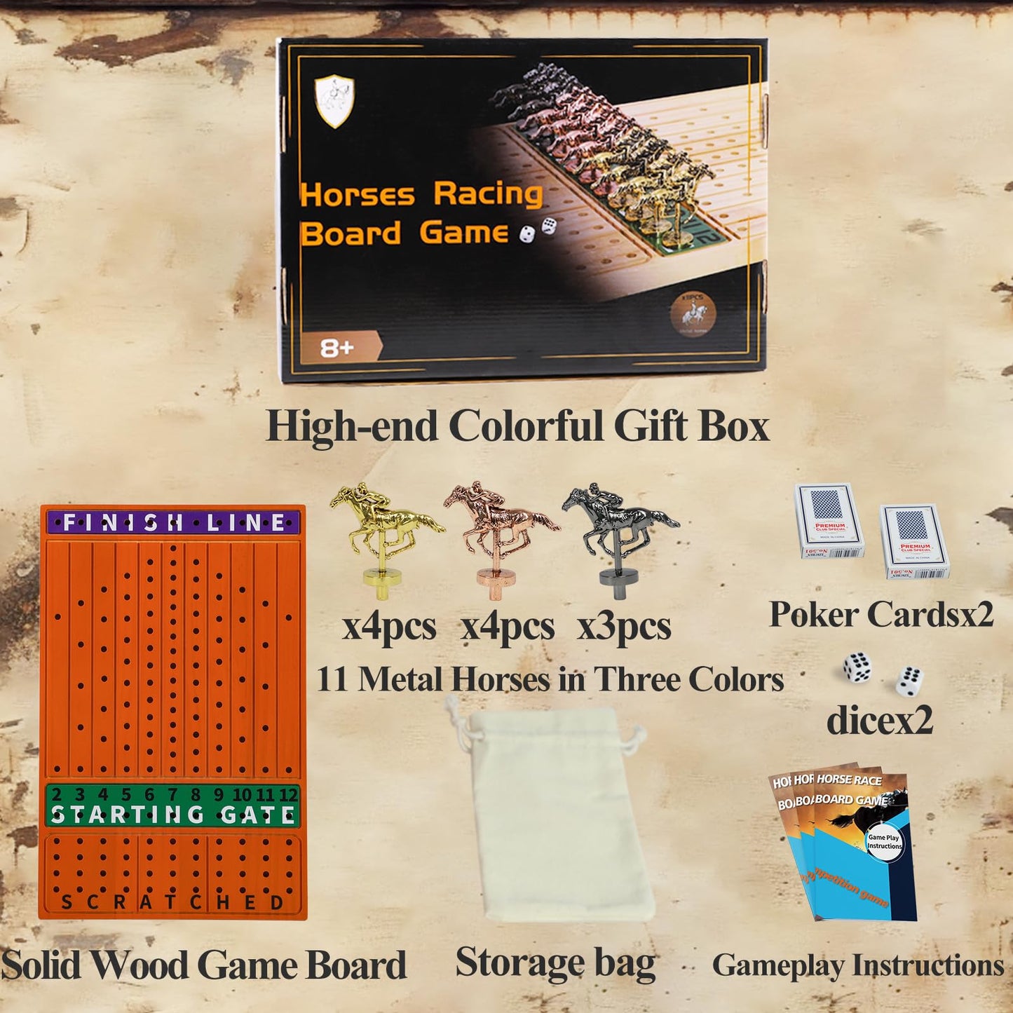 Horow Horse Racing Board Game Solid Wood Horse Race Card And Dice Board Game Luxury Edition Set With 11 Metal Horses 2 Dices And