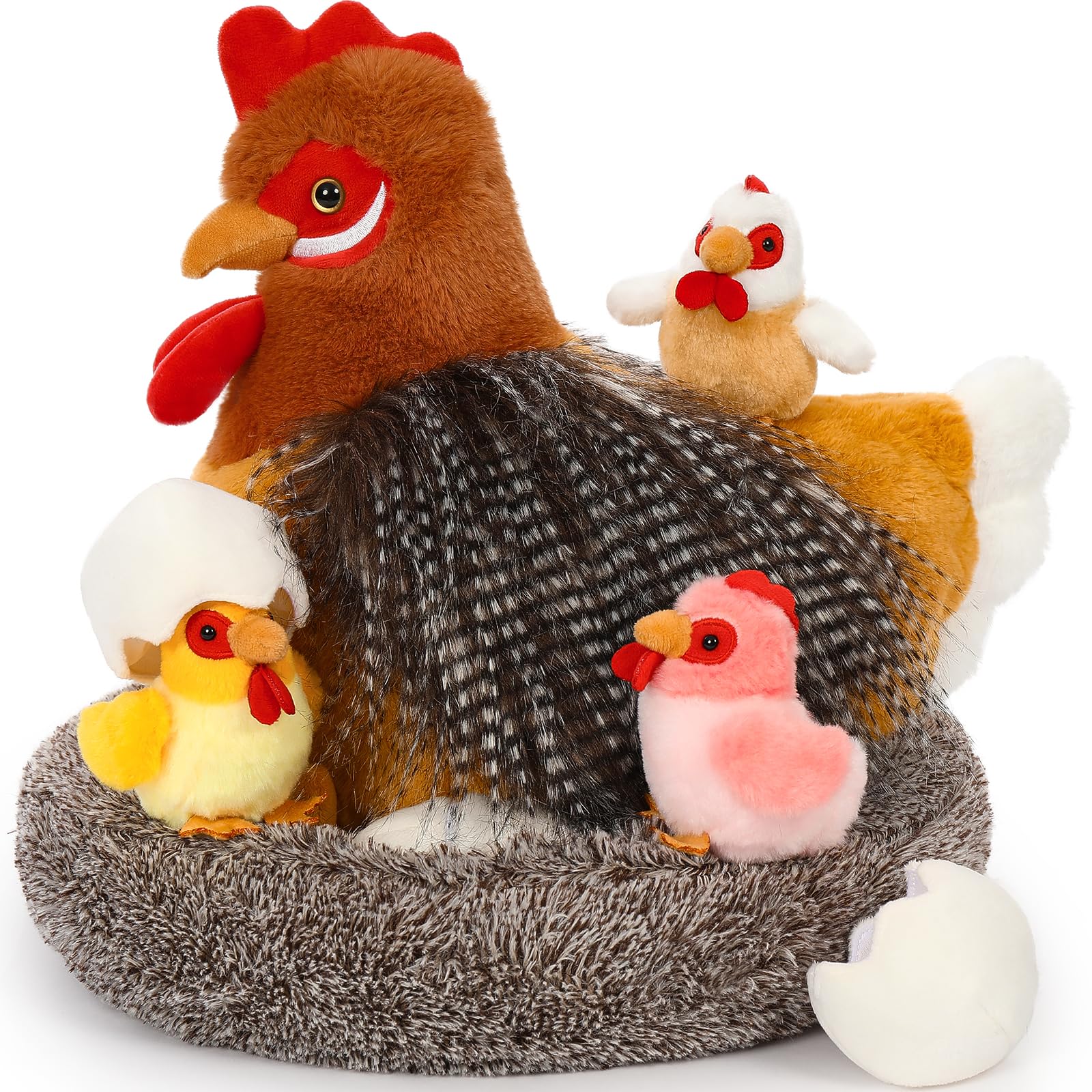 Beniny Egg Laying Hen Chicken Stuffed Animal Plush Toys, Stuffed Chicken With Little Baby Chicks And Coop, Chicken Toys For Kids